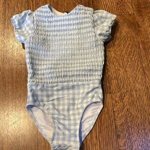 Minnow Blue White Gingham Puff Sleeve Smocked One Piece, 2T